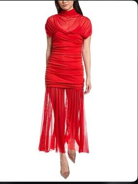 Moonsea Vibrant Red Asymmetrical Sheer Mesh Maxi Skirt